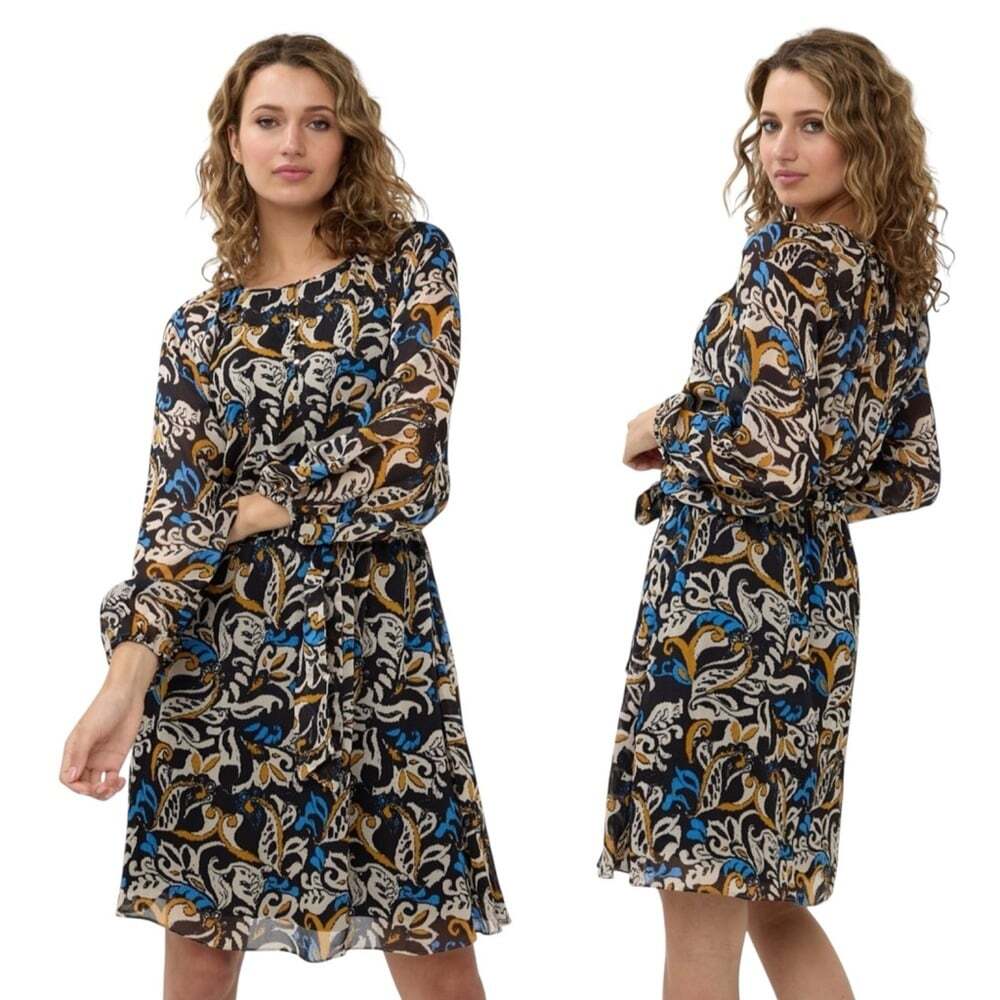 EsQualo Leaves Print Belted Mini Dress Size 6 Blue Brown Elegant Tie Waist